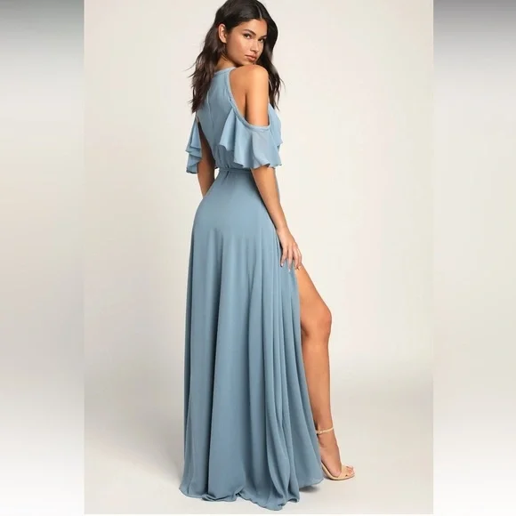 NWT Lulus Easy Listening Slate Blue Cold-Shoulder Wrap Maxi Dress - Picture 2 of 12